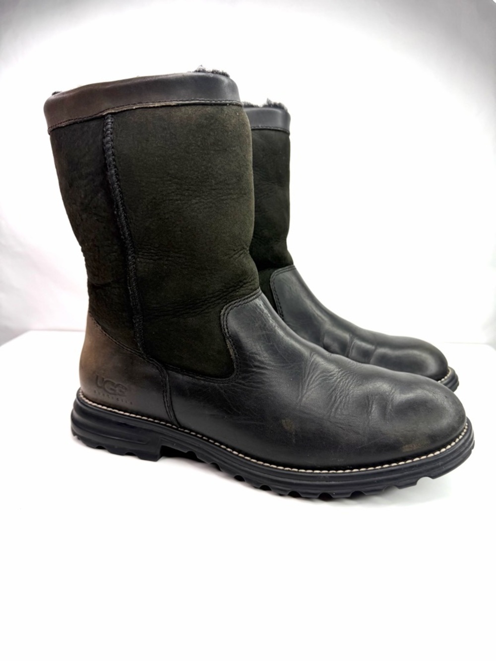 UGG Australia Black Tan Gradient Ombre Moto Shearling Mid-Calf Boots